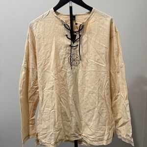 Cream long sleeve shirt with lace up front and buttoned sleeves. Size: XL